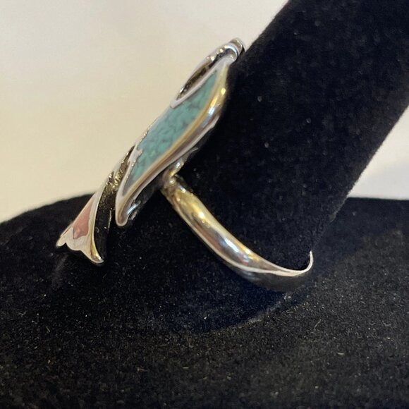 Silver Tone Phoenix Thunderbird Turquoise Coral Inlay Size 7.25 Costume Ring - Picture 4 of 9